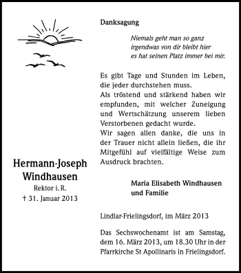 Anzeige von Herrmann-Joseph Windhausen von Kölner Stadt-Anzeiger / Kölnische Rundschau / Express