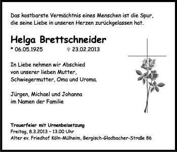 Anzeige von Helga Brettschneider von Kölner Stadt-Anzeiger / Kölnische Rundschau / Express