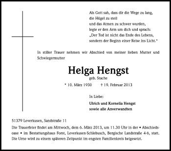 Anzeige von Helga Hengst von Kölner Stadt-Anzeiger / Kölnische Rundschau / Express