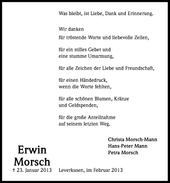 Anzeige von Erwin Morsch von Kölner Stadt-Anzeiger / Kölnische Rundschau / Express