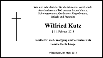 Anzeige von Wilfried Kutz von Kölner Stadt-Anzeiger / Kölnische Rundschau / Express
