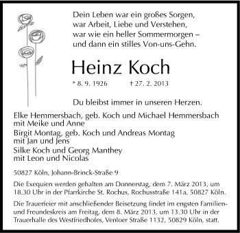 Anzeige von Heinz Koch von Kölner Stadt-Anzeiger / Kölnische Rundschau / Express