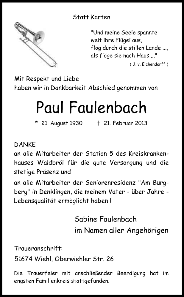  Traueranzeige für Paul Faulenbach vom 01.03.2013 aus Kölner Stadt-Anzeiger / Kölnische Rundschau / Express