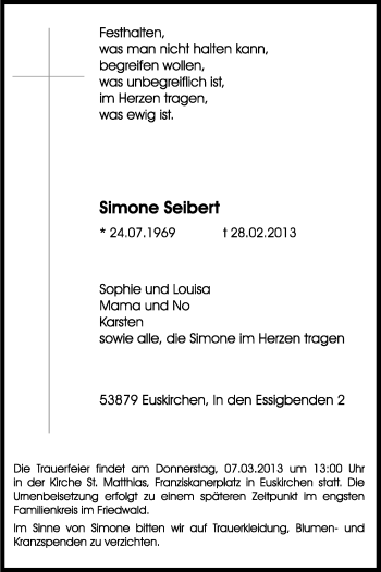 Anzeige von Simone Seibert von Kölner Stadt-Anzeiger / Kölnische Rundschau / Express