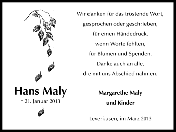 Anzeige von Hans Maly von Kölner Stadt-Anzeiger / Kölnische Rundschau / Express