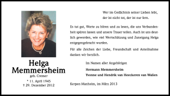 Anzeige von Helga Memmersheim von Kölner Stadt-Anzeiger / Kölnische Rundschau / Express