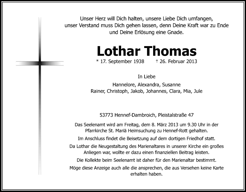  Traueranzeige für Lothar Thomas vom 02.03.2013 aus Kölner Stadt-Anzeiger / Kölnische Rundschau / Express