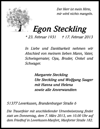 Anzeige von Egon Steckling von Kölner Stadt-Anzeiger / Kölnische Rundschau / Express