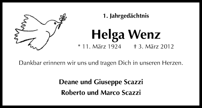  Traueranzeige für Helga Wenz vom 02.03.2013 aus Kölner Stadt-Anzeiger / Kölnische Rundschau / Express