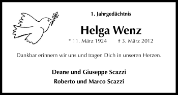 Anzeige von Helga Wenz von Kölner Stadt-Anzeiger / Kölnische Rundschau / Express