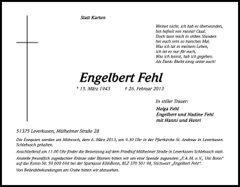 Anzeige von Engelbert Fehl von Kölner Stadt-Anzeiger / Kölnische Rundschau / Express