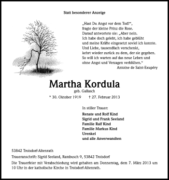 Anzeige von Martha Kordula von Kölner Stadt-Anzeiger / Kölnische Rundschau / Express