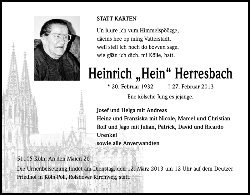  Traueranzeige für Heinrich Herresbach vom 09.03.2013 aus Kölner Stadt-Anzeiger / Kölnische Rundschau / Express