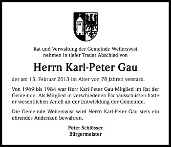 Anzeige von Karl-Peter Gau von Kölner Stadt-Anzeiger / Kölnische Rundschau / Express