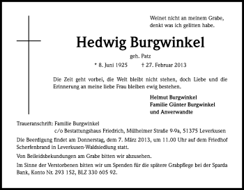 Anzeige von Hedwig Burgwinkel von Kölner Stadt-Anzeiger / Kölnische Rundschau / Express
