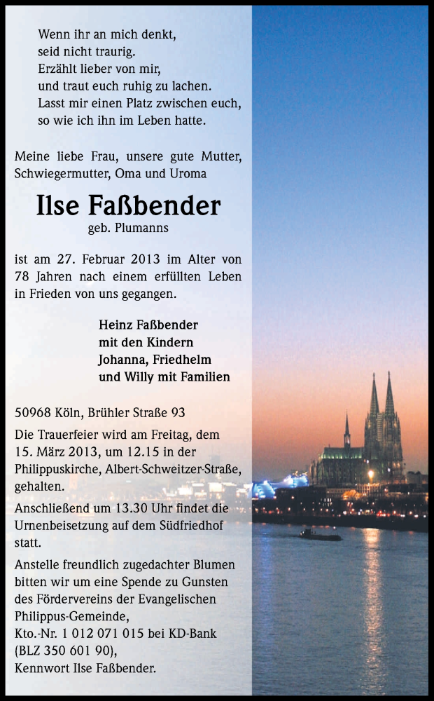  Traueranzeige für Ilse Faßbender vom 09.03.2013 aus Kölner Stadt-Anzeiger / Kölnische Rundschau / Express