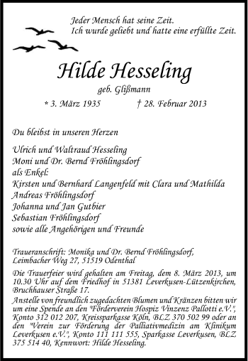 Anzeige von Hilde Hesseling von Kölner Stadt-Anzeiger / Kölnische Rundschau / Express