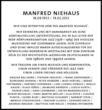 Anzeige von Manfred Niehaus von Kölner Stadt-Anzeiger / Kölnische Rundschau / Express