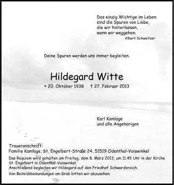 Anzeige von Hildegard Witte von Kölner Stadt-Anzeiger / Kölnische Rundschau / Express
