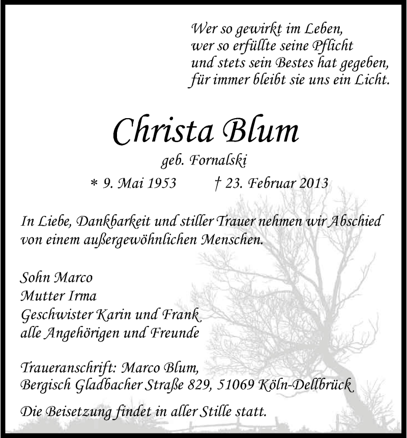  Traueranzeige für Christa Blum vom 02.03.2013 aus Kölner Stadt-Anzeiger / Kölnische Rundschau / Express