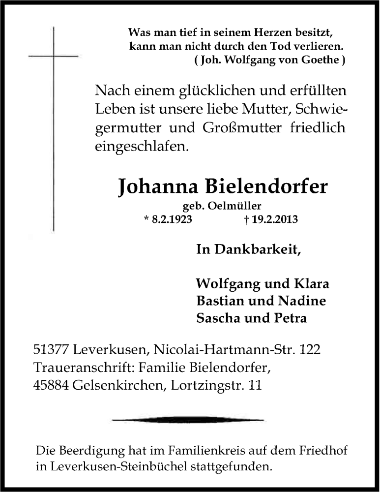  Traueranzeige für Johanna Bielendorfer vom 02.03.2013 aus Kölner Stadt-Anzeiger / Kölnische Rundschau / Express