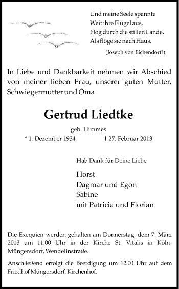 Anzeige von Gertrud Liedtke von Kölner Stadt-Anzeiger / Kölnische Rundschau / Express