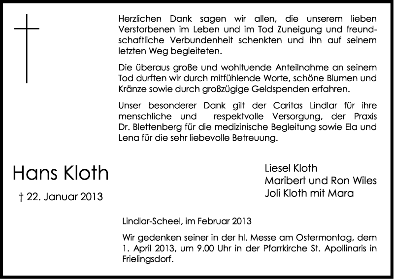  Traueranzeige für Hans Kloth vom 02.03.2013 aus Kölner Stadt-Anzeiger / Kölnische Rundschau / Express