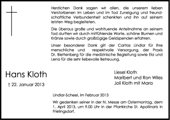 Anzeige von Hans Kloth von Kölner Stadt-Anzeiger / Kölnische Rundschau / Express