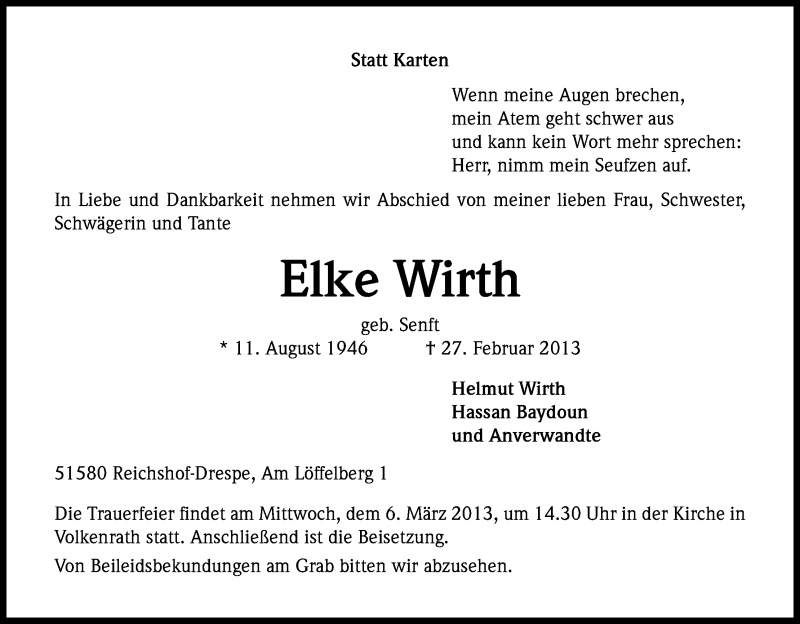  Traueranzeige für Elke Wirth vom 02.03.2013 aus Kölner Stadt-Anzeiger / Kölnische Rundschau / Express