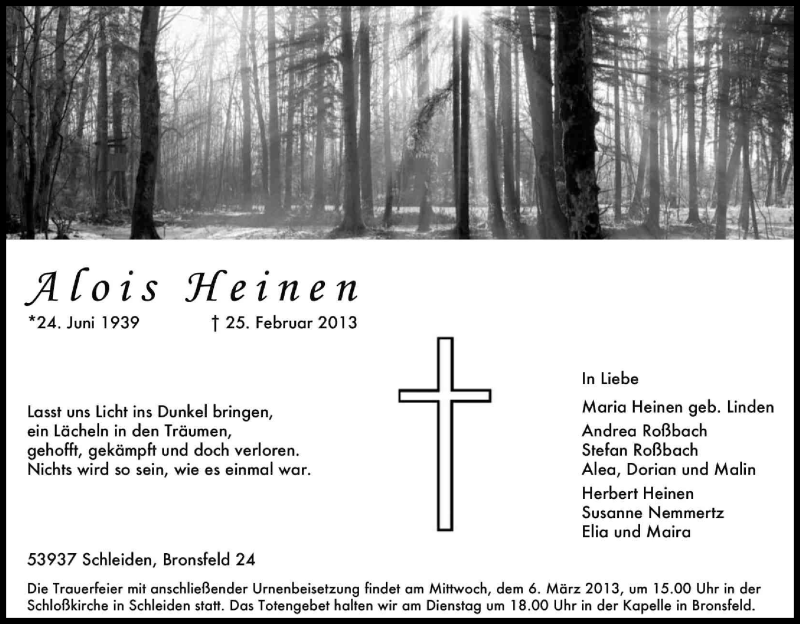  Traueranzeige für Alois Heinen vom 02.03.2013 aus Kölner Stadt-Anzeiger / Kölnische Rundschau / Express