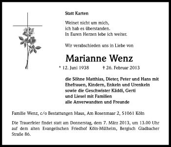 Anzeige von Marianne Wenz von Kölner Stadt-Anzeiger / Kölnische Rundschau / Express