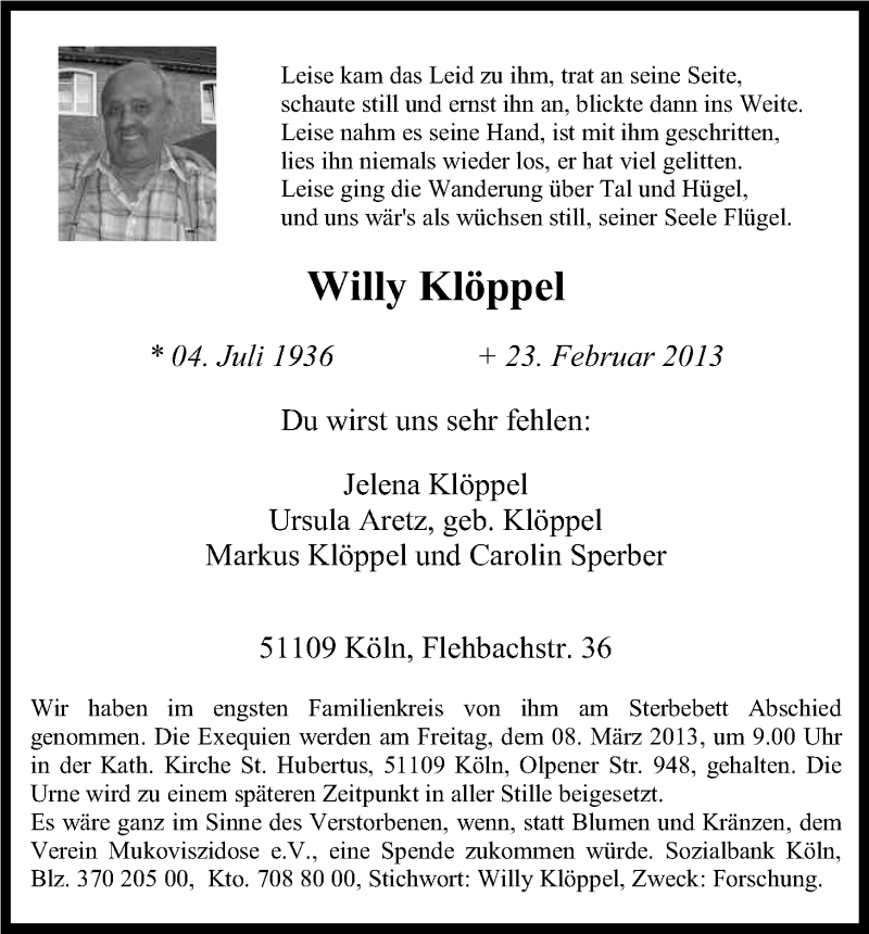  Traueranzeige für Willy Klöppel vom 02.03.2013 aus Kölner Stadt-Anzeiger / Kölnische Rundschau / Express