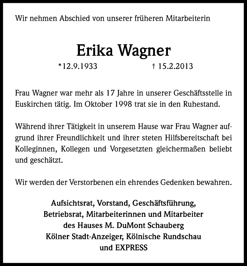  Traueranzeige für Erika Wagner vom 02.03.2013 aus Kölner Stadt-Anzeiger / Kölnische Rundschau / Express