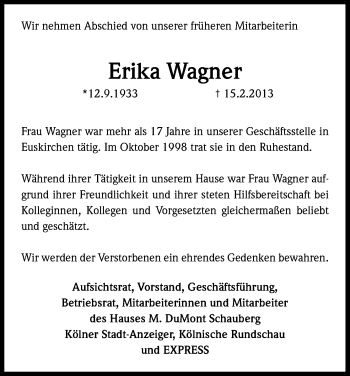 Anzeige von Erika Wagner von Kölner Stadt-Anzeiger / Kölnische Rundschau / Express