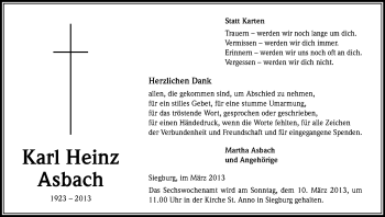 Anzeige von Karl Heinz Asbach von Kölner Stadt-Anzeiger / Kölnische Rundschau / Express