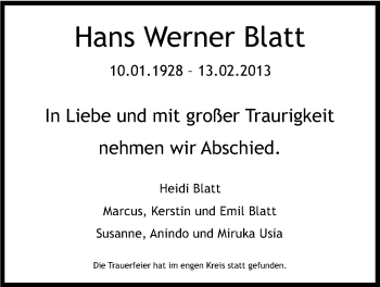 Anzeige von Werner Blatt von Kölner Stadt-Anzeiger / Kölnische Rundschau / Express