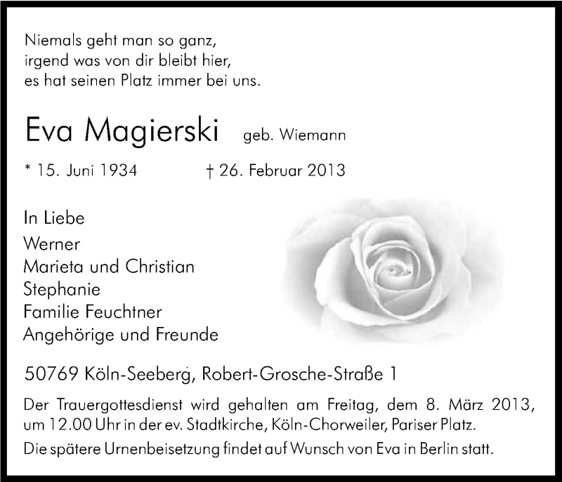  Traueranzeige für Eva Magierski vom 02.03.2013 aus Kölner Stadt-Anzeiger / Kölnische Rundschau / Express