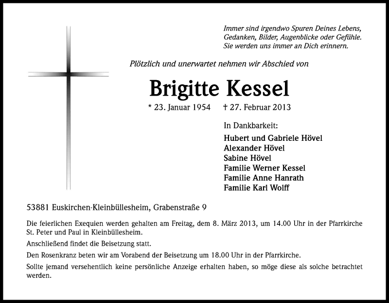  Traueranzeige für Brigitte Kessel vom 02.03.2013 aus Kölner Stadt-Anzeiger / Kölnische Rundschau / Express