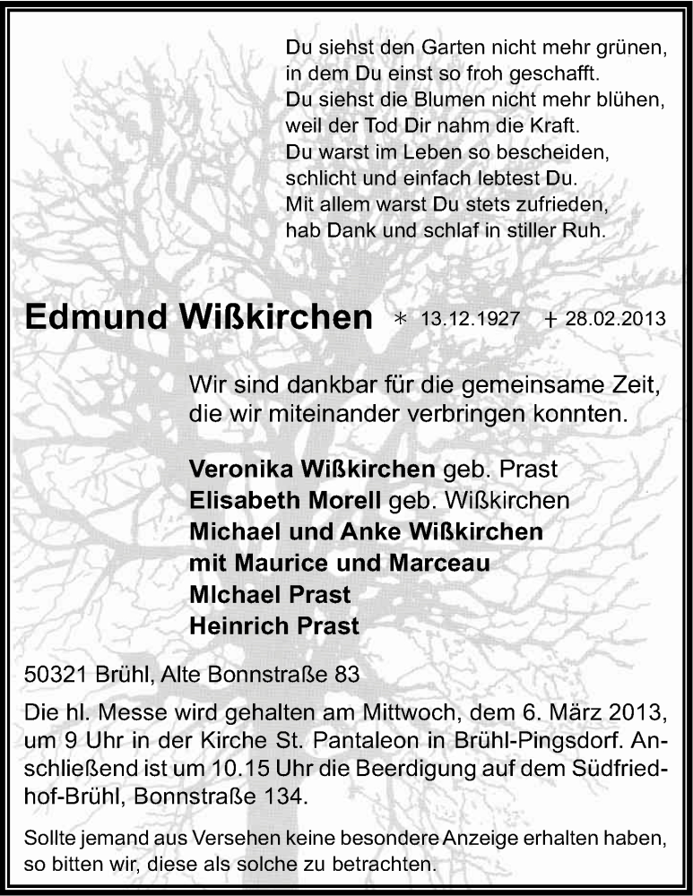  Traueranzeige für Edmund Wißkirchen vom 02.03.2013 aus Kölner Stadt-Anzeiger / Kölnische Rundschau / Express