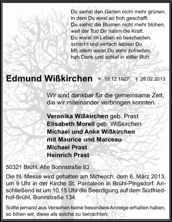 Anzeige von Edmund Wißkirchen von Kölner Stadt-Anzeiger / Kölnische Rundschau / Express
