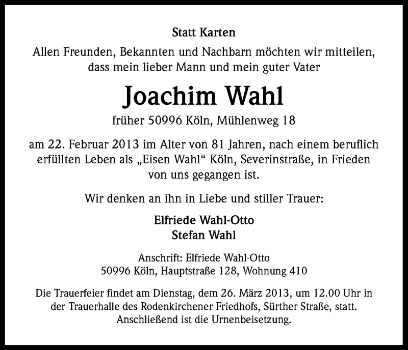 Traueranzeige für Joachim Wahl vom 09.03.2013 aus Kölner Stadt-Anzeiger / Kölnische Rundschau / Express