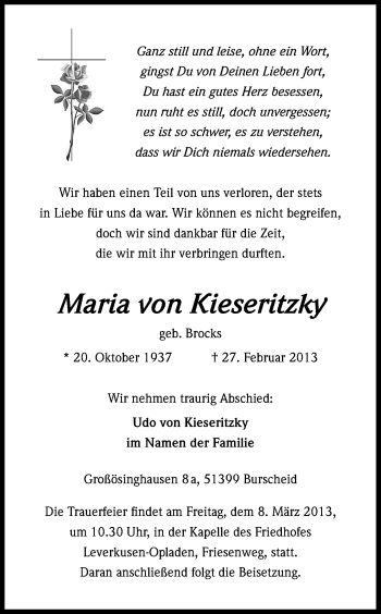 Anzeige von Maria von Kieseritzky von Kölner Stadt-Anzeiger / Kölnische Rundschau / Express