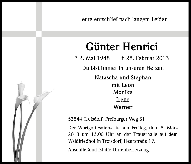  Traueranzeige für Günter Henrici vom 02.03.2013 aus Kölner Stadt-Anzeiger / Kölnische Rundschau / Express