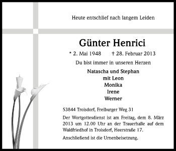 Anzeige von Günter Henrici von Kölner Stadt-Anzeiger / Kölnische Rundschau / Express