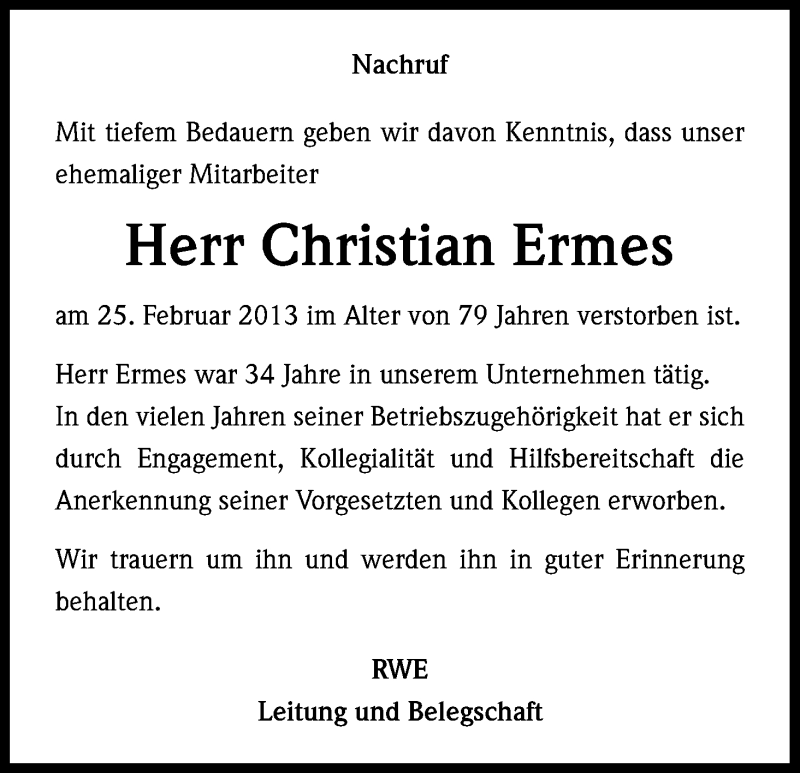  Traueranzeige für Christian Ermes vom 06.03.2013 aus Kölner Stadt-Anzeiger / Kölnische Rundschau / Express