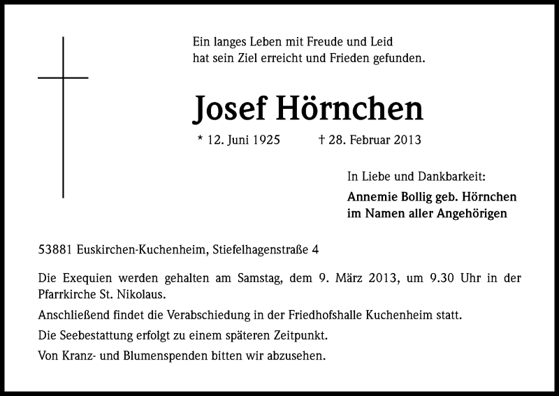  Traueranzeige für Josef Hörnchen vom 02.03.2013 aus Kölner Stadt-Anzeiger / Kölnische Rundschau / Express