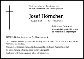 Anzeige von Josef Hörnchen von Kölner Stadt-Anzeiger / Kölnische Rundschau / Express