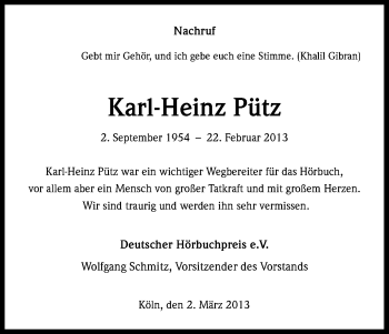 Anzeige von Karl-Heinz Pütz von Kölner Stadt-Anzeiger / Kölnische Rundschau / Express