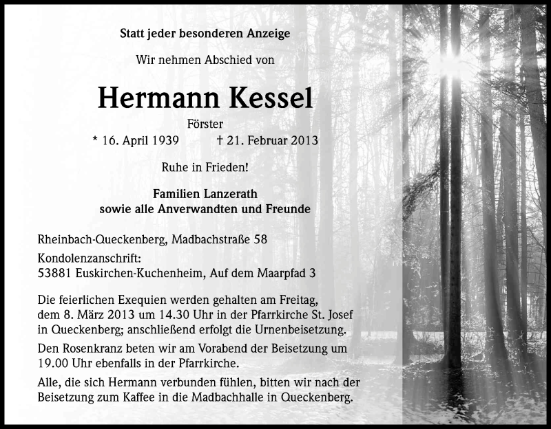  Traueranzeige für Hermann Kessel vom 02.03.2013 aus Kölner Stadt-Anzeiger / Kölnische Rundschau / Express