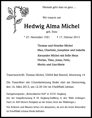 Anzeige von Hedwig Alma Michel von Kölner Stadt-Anzeiger / Kölnische Rundschau / Express